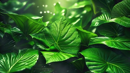 Wall Mural - close-up of lush green tropical leaves with detailed texture and natural lighting in a vibrant fores