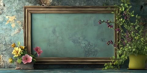 Poster - Vintage ornate picture frame on textured turquoise wall with bright flowers in rustic pots, arranged creatively on a wooden surface.