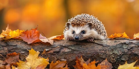 Leinwandbilder - Hedgehog resting on a log surrounded by vibrant orange and yellow autumn leaves with a blurred warm background capturing a tranquil fall scene