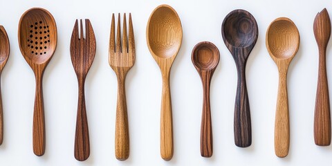 Poster - Wooden kitchen utensils arranged in a line on a white background showcasing varying shapes and shades from dark to light brown.