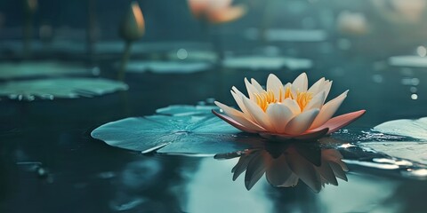 Poster - Delicate white water lily with yellow center reflected on calm water surface surrounded by green lily pads under soft morning light