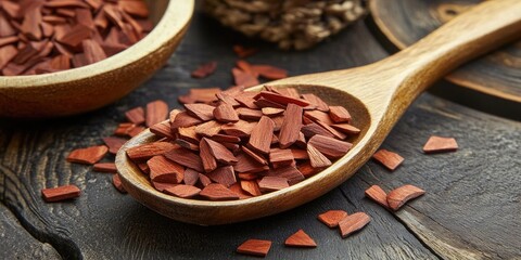 Aufkleber - Wooden spoon filled with rich red sandalwood chips on a rustic wooden table highlighting the warm reddish tones and natural textures in a cozy setting