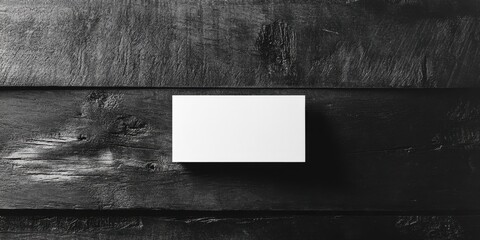 Poster - Minimalist business card mockup on a textured dark wood background featuring a clean white card centered with black accents throughout the image
