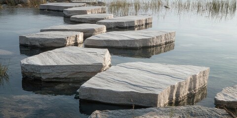 Fototapete - Stone slabs positioned in a serene waterway reflecting soft light, surrounded by greenery, creating an inviting natural landscape scene.