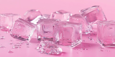 Poster - Ice cubes with water droplets scattered on a vibrant pink backdrop, showcasing the transparent texture and reflecting light beautifully.