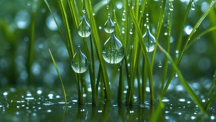 Wall Mural - close-up of dew droplets on green grass blades with blurred background and shiny reflections in wate