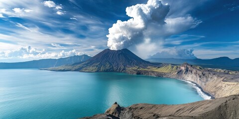 Aufkleber - Scenic coastal landscape featuring a volcano with a plume of smoke under a blue sky, turquoise waters, and green hills in the foreground.