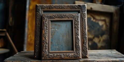 Leinwandbilder - Vintage ornate picture frame with intricate carvings in brown tones positioned on a rustic wooden surface, set against a blurred background.