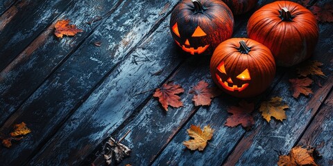 Poster - Halloween pumpkins with carved faces on a weathered dark wooden table scattered with autumn leaves in an overhead view with space for text