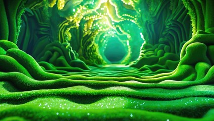 Wall Mural - Vibrant green abstract pathway with flowing textures and shimmering highlights creating a mystical natural environment design backdrop.