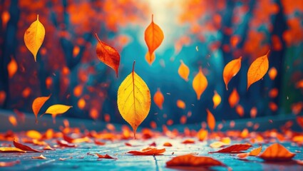 Wall Mural - colorful autumn leaves falling in a forest setting with blurred background and warm light creating a