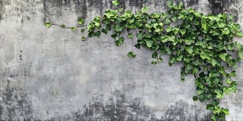 Leinwandbilder - Lush green ivy climbing on a textured gray wall background creating a vibrant natural contrast in an urban setting.