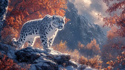 Wall Mural - big snow leopard in an icy mountain environment featuring its strong carnivore body and wild feline 