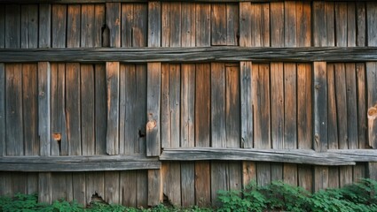 Wall Mural - weathered wooden fence with natural textures, knots, and greenery at the base, illuminated by warm e