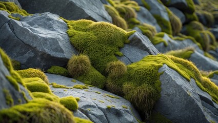 Wall Mural - moss covered rocks with vibrant green textures in natural outdoor environment under soft sunlight