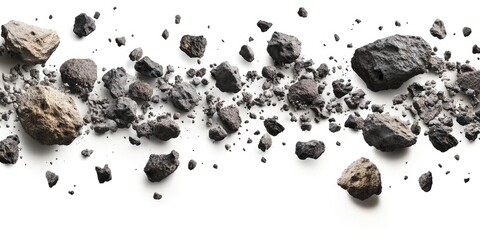 Poster - Scattered dark gray volcanic rocks on a white background with varying sizes and textures creating a dynamic flow from left to right