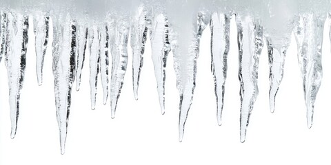 Aufkleber - Icicles hanging from a snowy eave against a bright white background featuring various lengths and sharp points of clear ice formations.