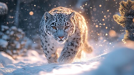 Wall Mural - snow leopard resting in a high altitude snowy landscape with its powerful predator eyes and thick fu