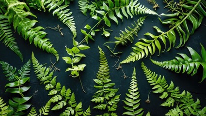 Wall Mural - assorted green ferns arranged on dark background for natural botanical composition and design use