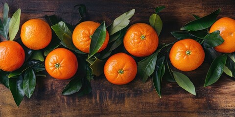 Poster - Mandarins with vibrant orange skin and glossy green leaves arranged on a rustic wooden background showcasing natural textures and colors