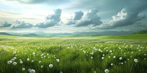 Leinwandbilder - Vast green meadows adorned with white flowers under soft, fluffy clouds and a serene blue sky, inviting exploration of nature's tranquility.
