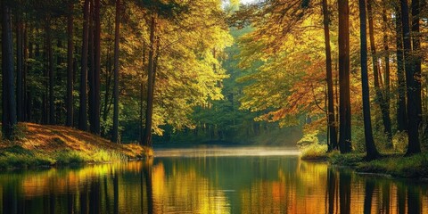 Poster - Serene autumn landscape with golden and orange leaves reflecting on calm water surrounded by tall trees in warm sunlight near a peaceful lake.