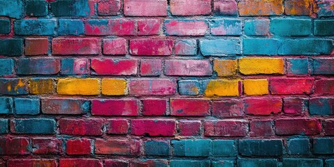 Poster - Vibrant multicolored brick wall with shades of pink, blue, yellow, and deep red arranged horizontally creating an eye-catching urban background.