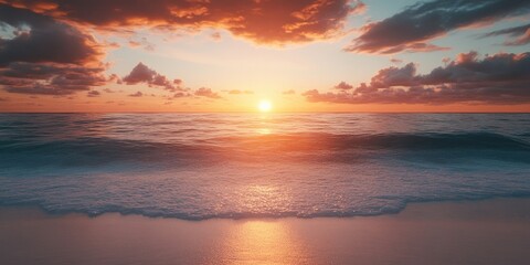 Aufkleber - Tranquil sunset over calm waves at a serene beach with orange and pink hues in the sky reflecting on the gentle shoreline and water surface.