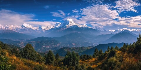 Aufkleber - Majestic snow-capped mountains under a clear blue sky with fluffy clouds, lush green hills in the foreground creating a serene landscape.