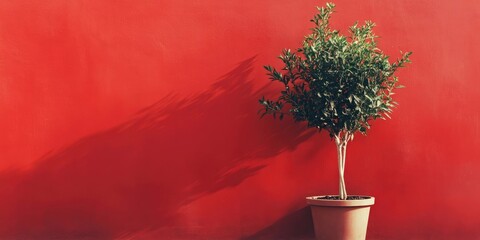 Poster - Pepper tree in a beige pot positioned to the left against a vibrant red wall casting soft shadows for a striking visual contrast