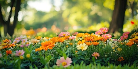 Aufkleber - Vibrant flower garden with orange and pink blooms in soft focus surrounded by lush green foliage under natural sunlight in a serene outdoor setting
