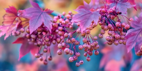 Poster - Vibrant pink maple tree seeds with delicate pink leaves against a blurred blue and orange background, showcasing nature's autumn beauty