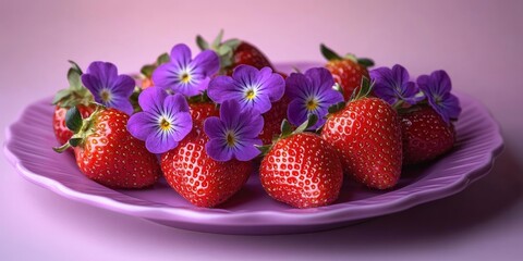 Poster - Fresh strawberries adorned with vibrant purple flowers arranged on a soft violet plate against a gentle pink background, creating a colorful display.