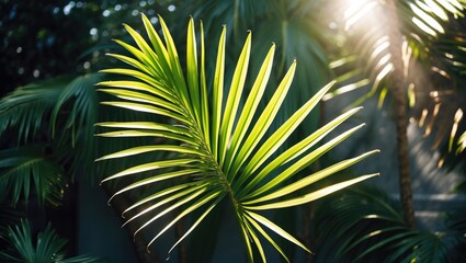 Wall Mural - green palm leaf with sunflare in tropical setting capturing natural light and texture of foliage