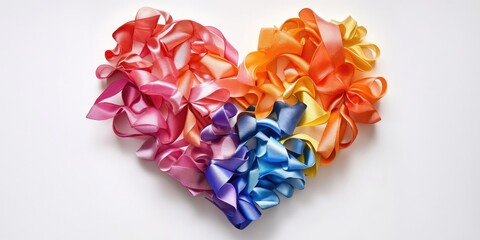 Poster - Colorful ribbon heart arrangement with pink, orange, yellow and blue ribbons on a white background showcasing craftsmanship and creativity.