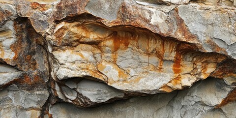 Poster - Corroded rock formation displays unique textures with rust orange streaks against gray tones showcasing geological erosion and natural artistry