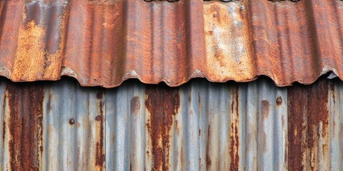 Poster - Rusty corrugated metal roof with orange and brown rust tones contrasting against weathered blue-gray metal sheets below, creating a textured industrial effect.