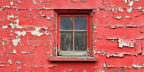 Aufkleber - Peeling red paint on an aged building highlighting a weathered window with four panes set in the center creating a vintage atmosphere