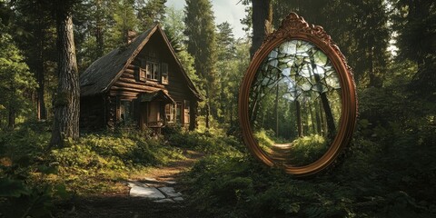 Fototapete - Rustic cabin nestled in lush green forest with intriguing broken mirror reflecting woodland path under soft natural light on serene summer day
