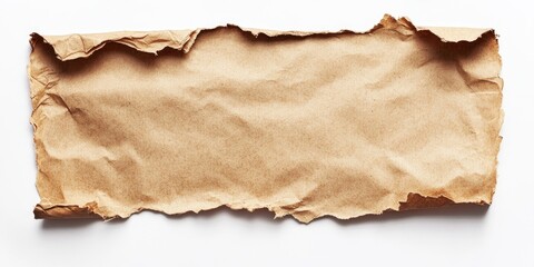 Aufkleber - Frayed brown paper sheet with a rough edge resting on a clean white background, showcasing natural texture and blank space for designs.