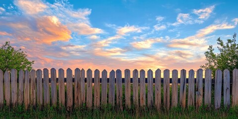 Leinwandbilder - Vibrant sunset sky with shades of blue and orange over a rustic wooden fence surrounded by lush green grass and scattered clouds.