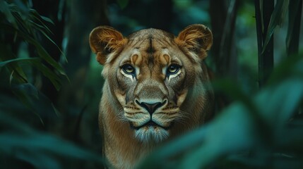 Wall Mural - big lion resting in a zoo setting with a fierce expression showing its strength as a wild predator i