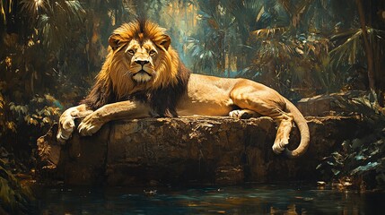 Wall Mural - big lion resting in a zoo setting with a fierce expression showing its strength as a wild predator i
