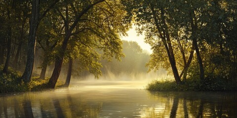 Aufkleber - Tranquil morning glow as sunlight filters through lush green trees along a misty riverbank creating a serene water reflection scene