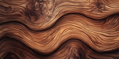 Aufkleber - Natural wood texture with wavy patterns in warm brown tones, showcasing intricate grain details and smooth, flowing lines across the surface.