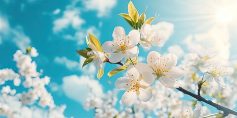 Poster - White plum blossoms in focus against a vibrant blue sky with fluffy white clouds Sunlight bathes flowers creating a serene spring atmosphere
