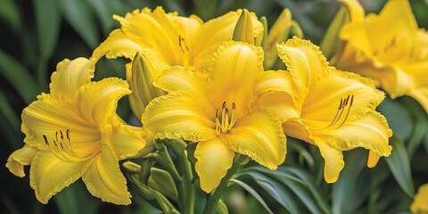Aufkleber - Vibrant yellow daylilies in full bloom with delicate petals and dark stamens against a lush green foliage background, showcasing nature's beauty.