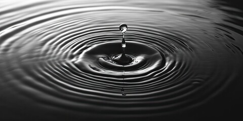 Aufkleber - Black and white close-up of tranquil water ripples emanating from a central droplet, creating concentric circles reflecting light above.