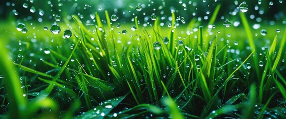 Wall Mural - close-up macro view of fresh green grass blades with morning dew droplets illuminated by natural lig