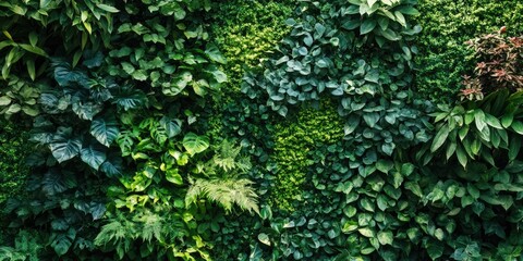 Leinwandbilder - Lush vertical garden wall featuring various shades of green foliage with diverse leaf textures in a vibrant natural setting.